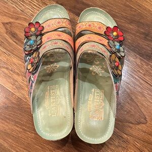 Floral Mules - Green and Orange